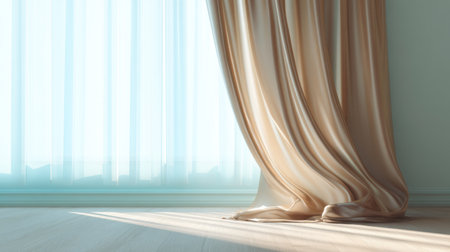 Soft flowing curtains gently draped by a window create an inviting atmosphere filled with natural light, enhancing the serene ambiance of a minimalist interior space.の素材