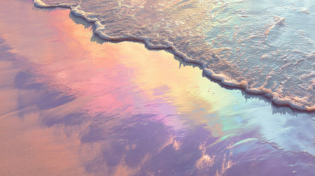 This image captures a breathtaking beach scene at sunset, showcasing iridescent reflections in gentle waves. The pastel colors create a tranquil atmosphere, inviting relaxation.の素材