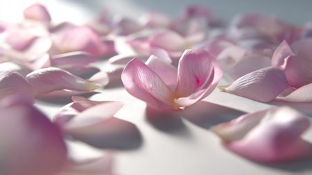 A beautiful arrangement of delicate pink rose petals scattered on a soft surface, creating a serene and elegant atmosphere perfect for weddings and romantic events.の素材