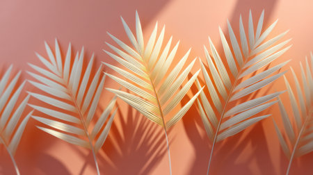 Discover a visually striking arrangement of dried palm leaves against a soft coral background, ideal for enhancing modern decor and capturing nature's beauty in design.の素材