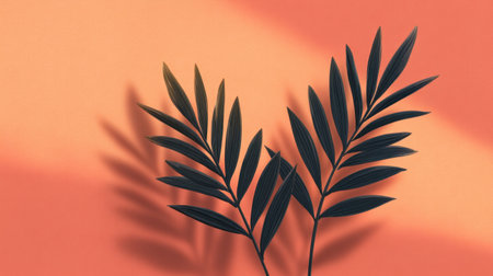 A striking composition featuring palm leaves that cast delicate shadows on a warm coral background, ideal for design projects focused on nature and minimalism.の素材
