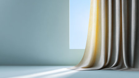 A soft fabric curtain drapes elegantly by a window, allowing gentle sunlight to filter in, enhancing the tranquil and calming atmosphere of the indoor space.の素材