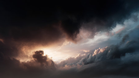 This striking image captures a dynamic sunset sky filled with dark clouds and radiant light, offering a vivid and atmospheric moment perfect for nature enthusiasts.の素材