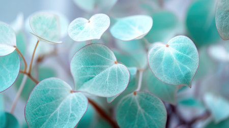 Explore the beauty of delicate aqua leaves in this close-up image. This design captures tranquil details ideal for wellness spaces, bringing nature indoors.の素材