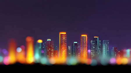 A stunning city skyline comes alive at night with illuminated skyscrapers and vibrant neon lights reflecting against a dark purple sky, showcasing urban beauty.の素材