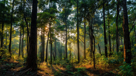 A beautiful forest scene bathed in warm sunlight, showcasing tall trees and dense greenery that evokes a sense of calm and connection with nature.の素材