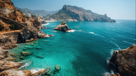 Captivating coastal view showcasing a rocky shoreline with clear turquoise waters and majestic mountains, perfect for travel inspiration and nature lovers.の素材
