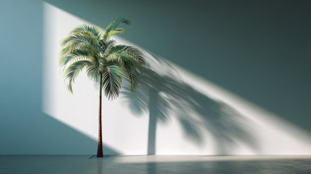 This image features a vibrant palm tree in a minimalist room, casting a dramatic shadow on a white wall, showcasing a serene atmosphere with soft natural light.の素材