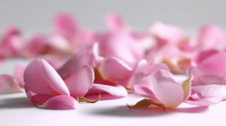 This photo features soft pink petals scattered elegantly on a white surface, showcasing the beauty of nature with a serene and delicate aesthetic. Perfect for design projects.の素材