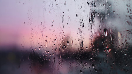 Captivating raindrops cling to the glass of a window, with a soft, blurred backdrop showcasing a stunning sunset in gentle hues of pink and orange.の素材