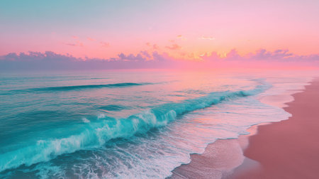 Experience the beauty of a tranquil sunrise over gentle ocean waves at a serene beach, showcasing soft pastel colors and reflective clouds, perfect for relaxation.の素材