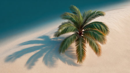 A beautiful palm tree stands alone on a sandy beach, casting a long shadow while turquoise water laps at the shore, creating a picture of tropical bliss.の素材