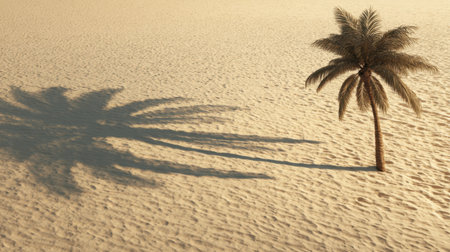 A captivating view of a solitary palm tree with a long shadow on a vast expanse of golden sand, showcasing the beauty and tranquility of a tropical landscape.の素材