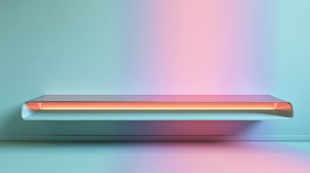 Explore a vibrant and sleek floating shelf radiating soft neon glows against a pastel background, perfect for modern interior decor and stylish designs.の素材