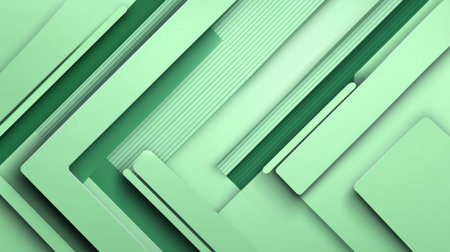 Explore a modern abstract composition featuring layered geometric shapes in various shades of green. Ideal for minimalist design projects and creative backgrounds.の素材