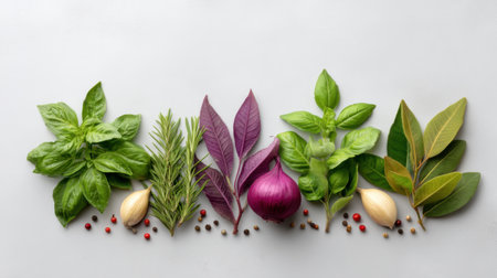 A visually appealing arrangement of various fresh herbs and vegetables, showcasing vibrant colors and textures that enhance culinary creativity and healthy cooking practices.の素材