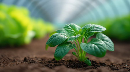 A young green plant emerges from the dark soil in a greenhouse, showcasing the beauty of growth and sustainability in agriculture surrounded by lush lettuce crops.の素材