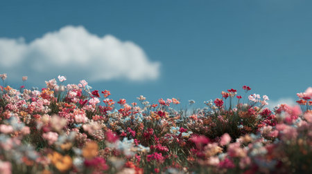 A stunning panorama of a vibrant flower field under a clear blue sky, adorned with fluffy white clouds. Perfect for conveying natural beauty and serenity in designs.の素材