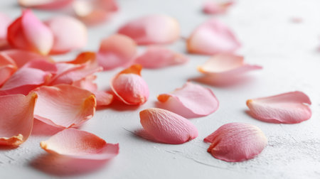 A beautiful arrangement of delicate pink petals scattered across a white surface, creating a serene and romantic ambiance ideal for nature-themed projects or events.の素材