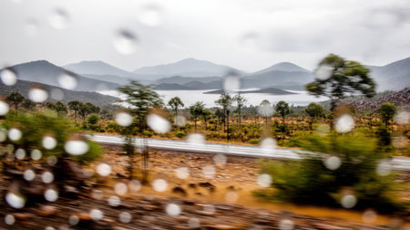 A stunning view of a mountainous landscape captured through a rain-speckled window. The scene highlights the serenity of nature amidst soft, blurred visuals.の素材