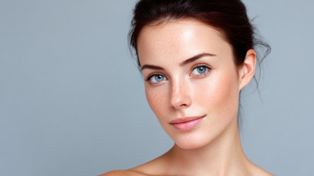 A captivating portrait of a young woman with stunning freckles and blue eyes, embodying natural beauty. The soft gray background enhances her fresh, radiant complexion.の素材