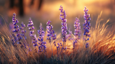 Captivating close-up view of soft purple wildflowers creating a serene oasis in a golden field during sunrise, perfect for conveying peace and natural beauty.の素材