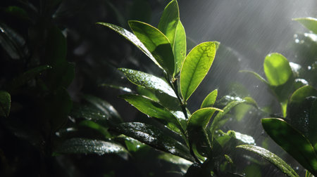 Discover the beauty of fresh green leaves adorned with raindrops, illuminated by sunlight in a serene forest setting. Natureの素材