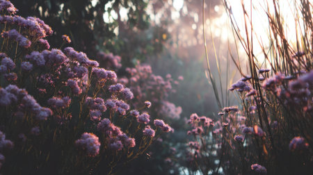 A tranquil garden scene featuring soft purple flowers illuminated by gentle morning light. The lush greenery and rising mist create an enchanting atmosphere for nature lovers.の素材