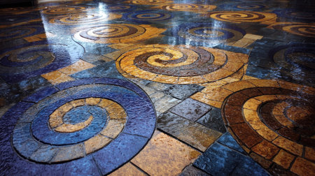 This image features a vibrant floor design with swirling patterns in rich blue, yellow, and brown hues, highlighting an artistic approach to interior spaces.の素材