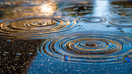 A mesmerizing close-up view of raindrops forming gentle ripples on a tranquil water surface, enhanced by warm golden reflections from the evening light, creating a serene atmosphere.の素材