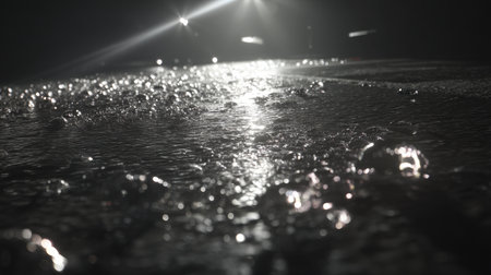 A stunning close-up of water droplets on a surface, capturing reflections and light in a dark, minimalist environment that evokes a calm and artistic atmosphere.の素材