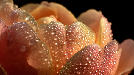 Close-up view of a pink flower petal adorned with sparkling water droplets. The image captures intricate details and textures, showcasing natural beauty and elegance.の素材
