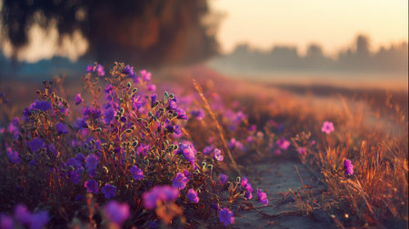 Beautiful purple wildflowers bloom gracefully along a scenic path, illuminated by soft morning light, creating a tranquil atmosphere in an enchanting natural setting.の素材