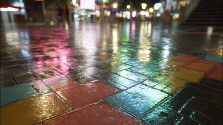 A captivating view of a city street after rain, showcasing colorful tiles reflecting vibrant neon lights, creating a mesmerizing urban atmosphere at night.の素材