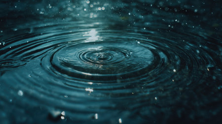 A beautiful close-up view of raindrops falling onto dark water, creating ripples and reflections. The composition captures the serene, tranquil essence of nature.の素材