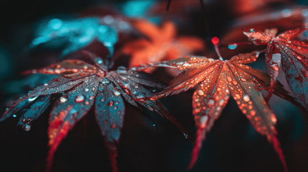 A stunning close-up of vibrant maple leaves, adorned with sparkling water droplets. This image showcases the intricate details and vivid colors of nature, creating a serene atmosphere.の素材