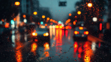 A captivating night scene capturing a rainy urban enviroment, with colorful reflections and blurred lights creating a serene yet dynamic atmosphere.の素材