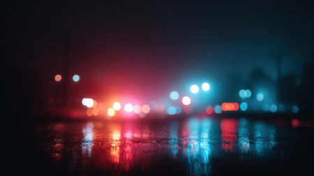 Captivating image showcasing city lights reflecting on a wet pavement with a dreamy bokeh effect, creating an atmospheric and vibrant night scene perfect for artistic projects.の素材