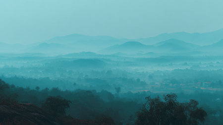Experience a mesmerizing view of a misty landscape, where soft blue tones and layered mountains create a tranquil atmosphere ideal for nature lovers.の素材