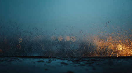 An atmospheric scene captured through a rain-soaked windowpane, showcasing droplets and bokeh lights, creating a serene and tranquil urban ambiance.の素材