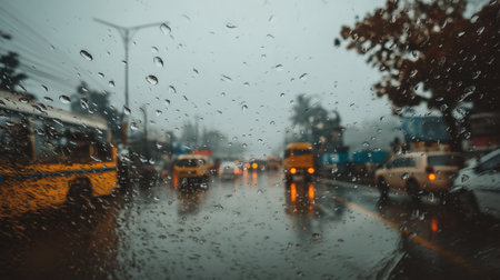 A captivating scene of rain droplets on a car window, with a blurred cityscape and moving vehicles, evoking the feeling of a rainy urban day.の素材