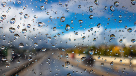 This image captures the beauty of raindrops on a glass surface, presenting a vivid display of nature against a backdrop of a blue sky and clouds, creating a tranquil atmosphere.の素材