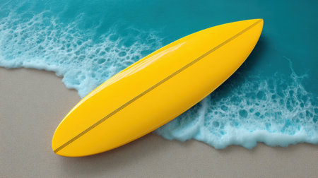 A bright yellow surfboard lies on a sandy beach, gently lapped by turquoise waves, embodying the essence of summer fun and water sports. Perfect for coastal adventure imagery.の素材