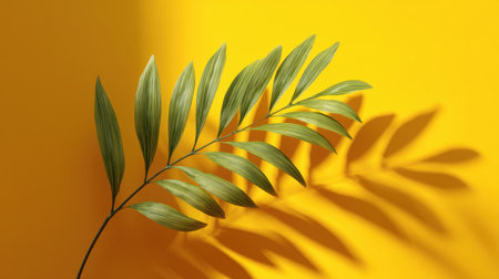 A vibrant green leaf rests against a striking yellow background, casting soft shadows. This imagery conveys freshness and energy, ideal for nature and design themes.の素材