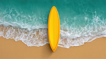 This stunning aerial view showcases a vibrant yellow surfboard resting on the golden sand, surrounded by turquoise ocean waves, perfect for evoking a sense of summer adventure.の素材