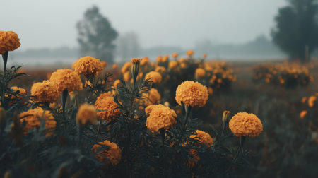 This stunning image captures vibrant orange flowers blooming in a misty landscape at dawn, creating a tranquil and serene scene perfect for nature lovers and art enthusiasts.の素材