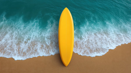 A bright yellow surfboard rests on a sandy beach, creating a vibrant contrast against the gentle turquoise waves. This inviting scene captures a perfect summer getaway atmosphere.の素材