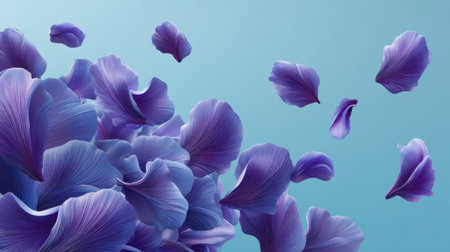A stunning display of purple petals gracefully fluttering against a tranquil blue backdrop, evoking feelings of elegance, beauty, and nature's charm in a vibrant setting.の素材