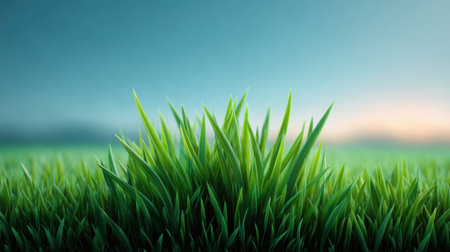 Experience the beauty of a serene landscape featuring vibrant green grass against a soft blue sky, perfect for themes of nature, peace, and outdoor adventures.の素材