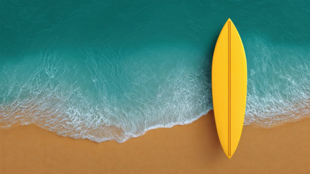 A bright yellow surfboard lies peacefully on the soft sand, embraced by gentle waves, creating a serene scene full of summer vibes and coastal beauty.の素材